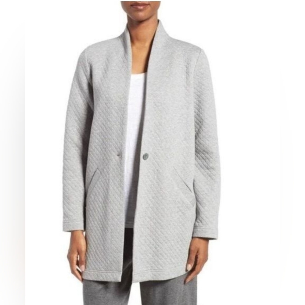 Eileen Fisher Quilted Jersey Stand Collar Gray Orangic Cotton Jacket Size Large